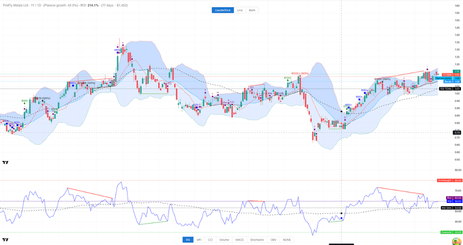 Custom chart view showing candlestick price chart with Bollinger Bands, trend flags, TEMA, and RSI indicator panel